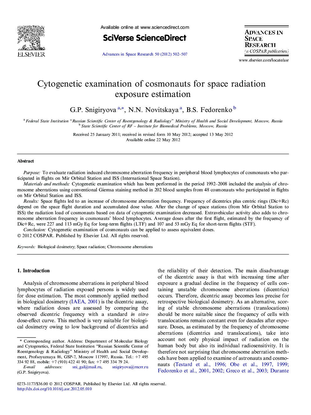 Cytogenetic examination of cosmonauts for space radiation exposure estimation
