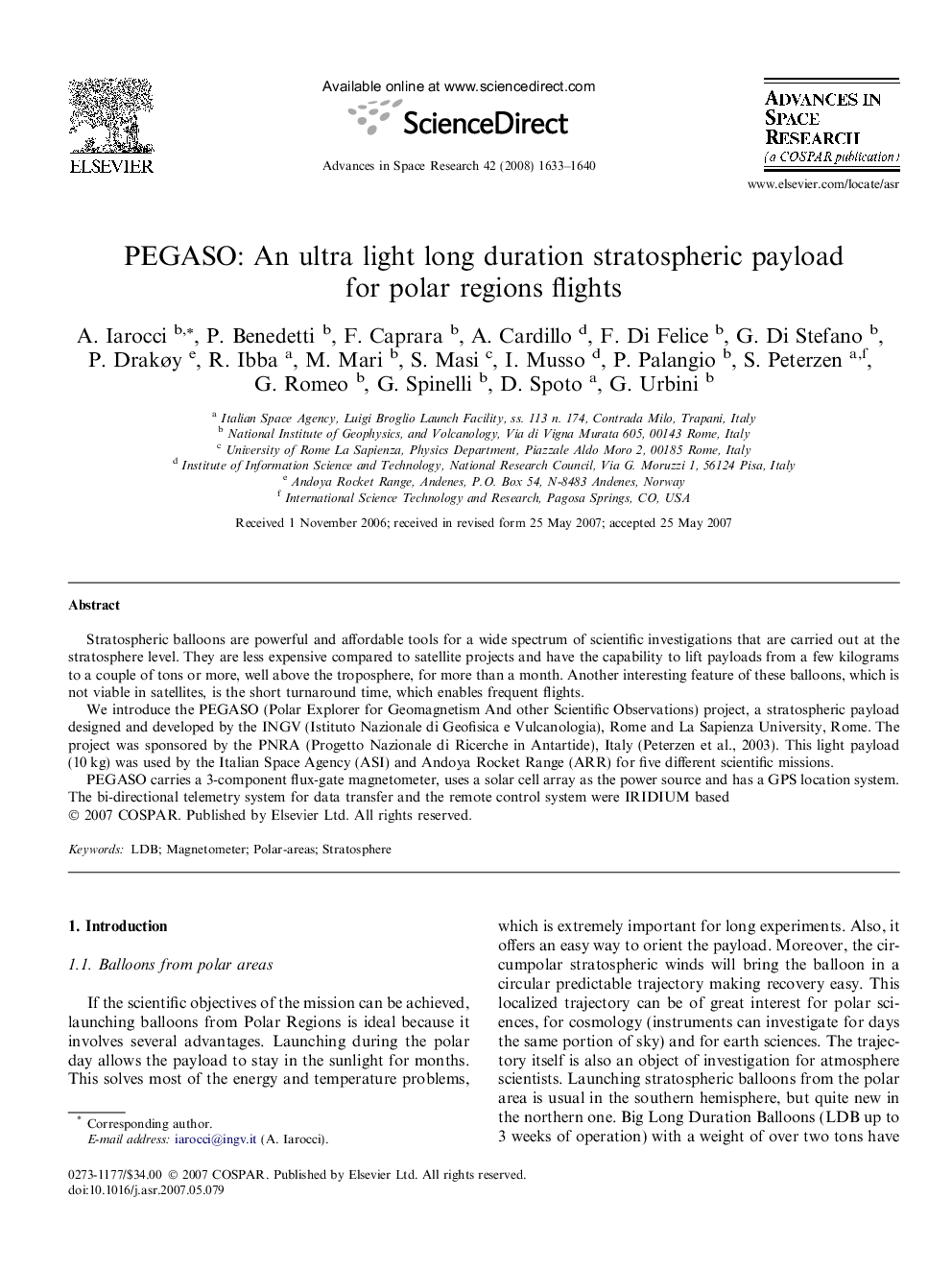 PEGASO: An ultra light long duration stratospheric payload for polar regions flights