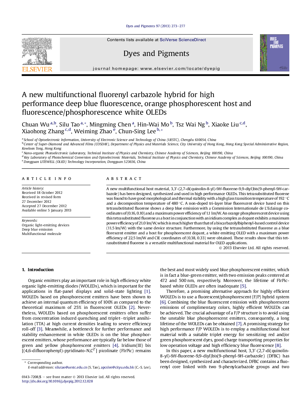 A new multifunctional fluorenyl carbazole hybrid for high performance deep blue fluorescence, orange phosphorescent host and fluorescence/phosphorescence white OLEDs