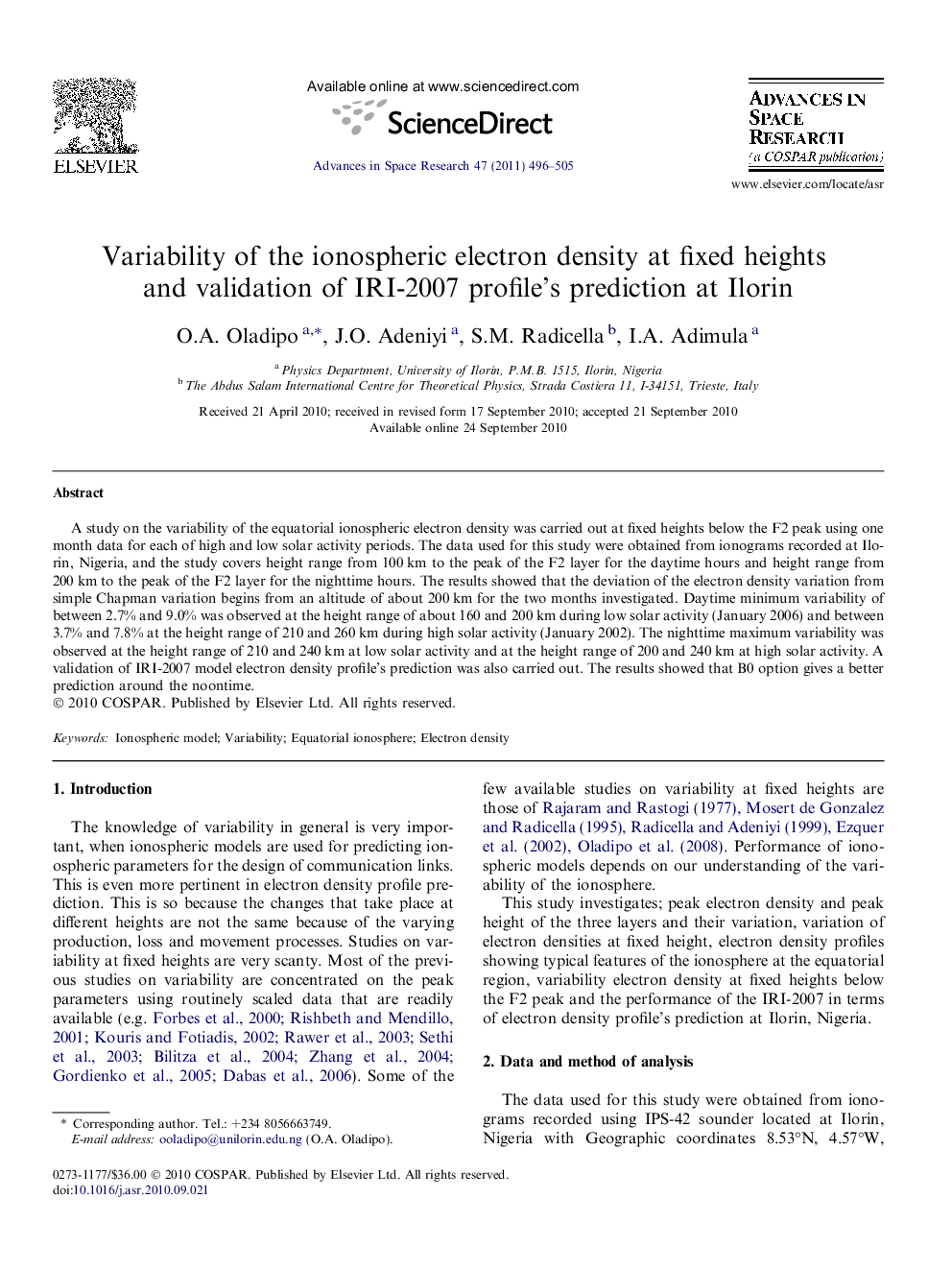 Variability of the ionospheric electron density at fixed heights and validation of IRI-2007 profile’s prediction at Ilorin