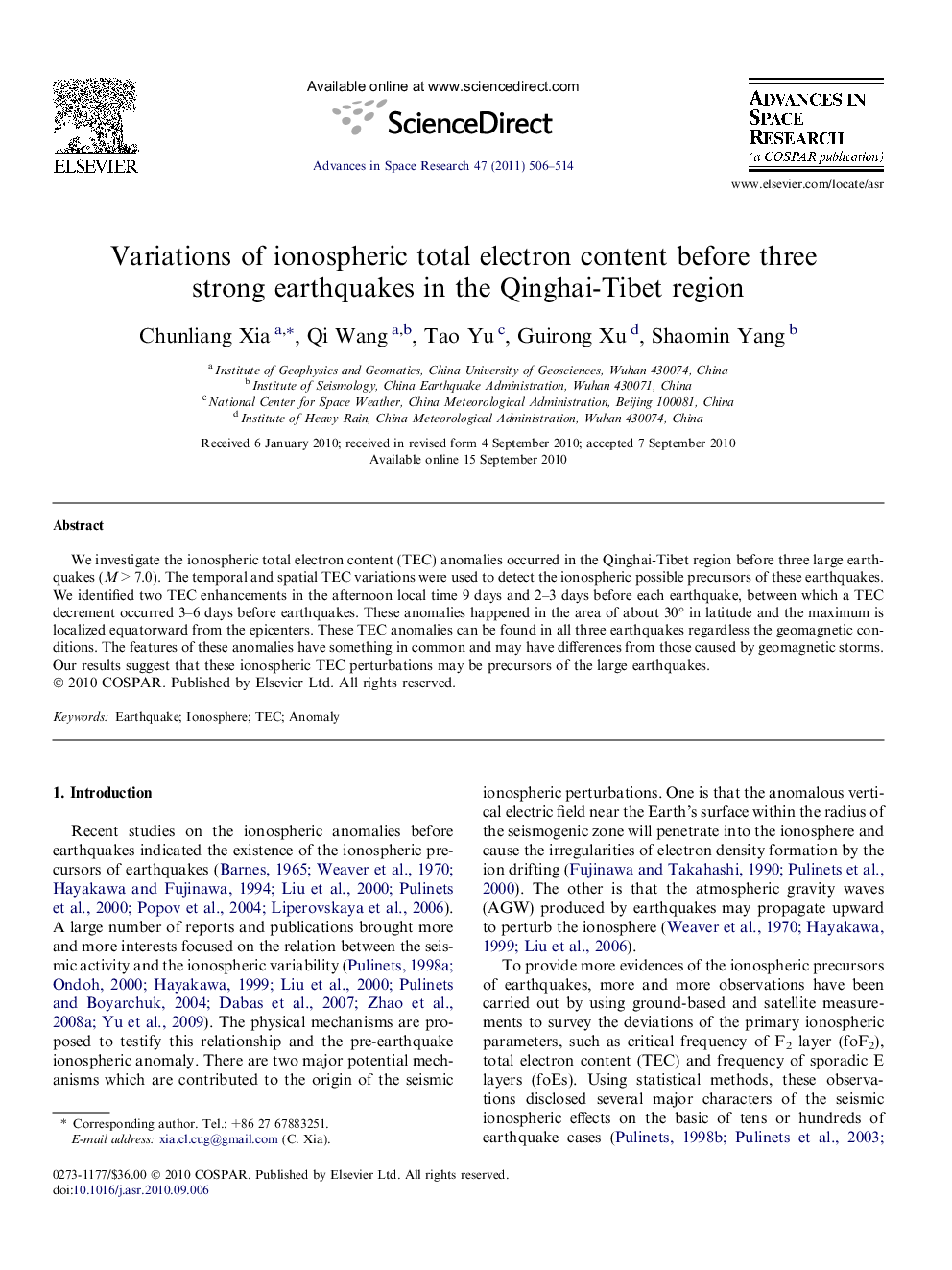 Variations of ionospheric total electron content before three strong earthquakes in the Qinghai-Tibet region