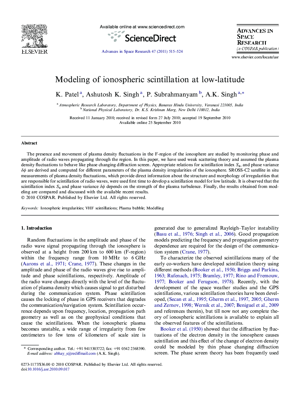 Modeling of ionospheric scintillation at low-latitude