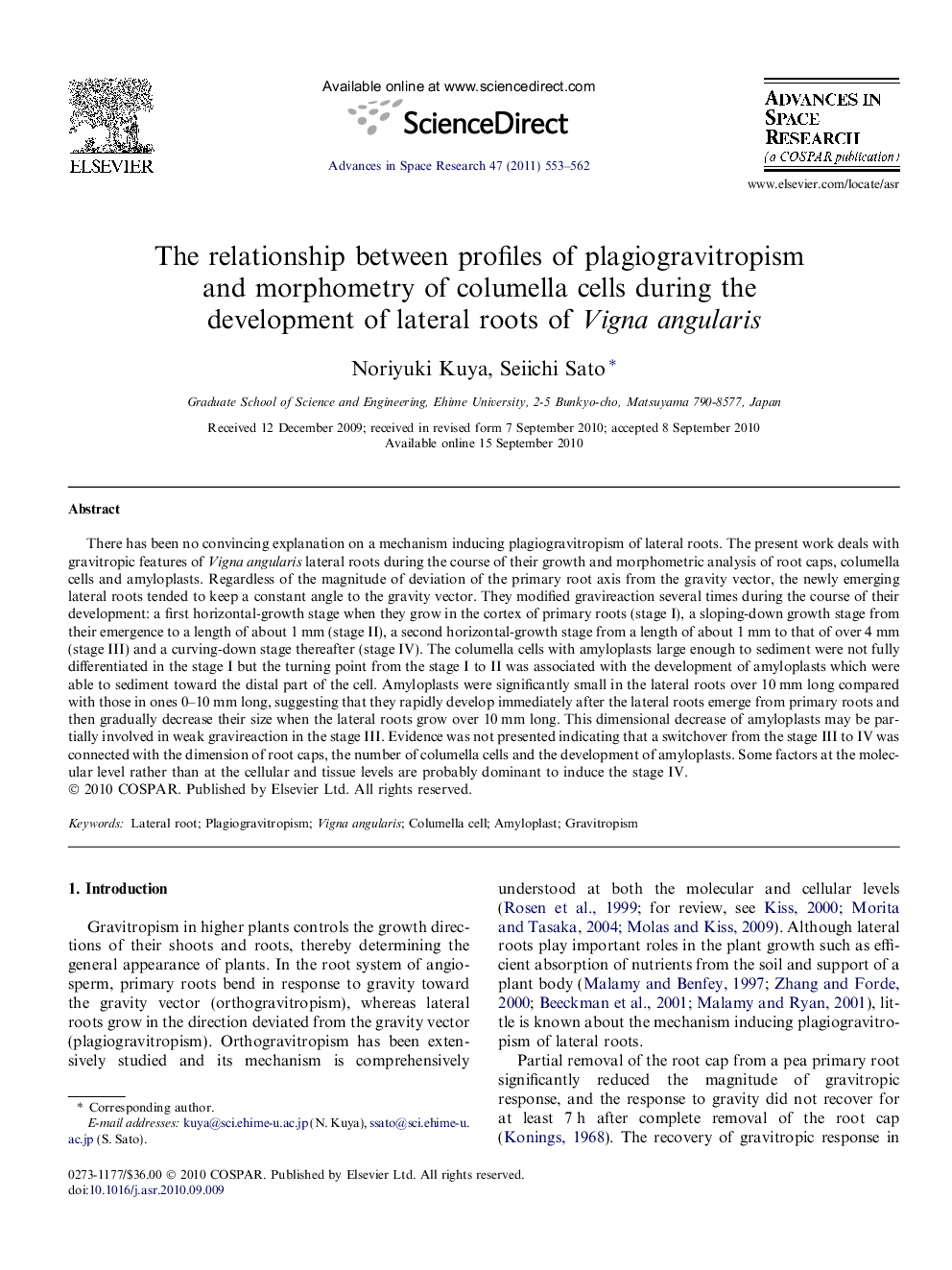 The relationship between profiles of plagiogravitropism and morphometry of columella cells during the development of lateral roots of Vigna angularis