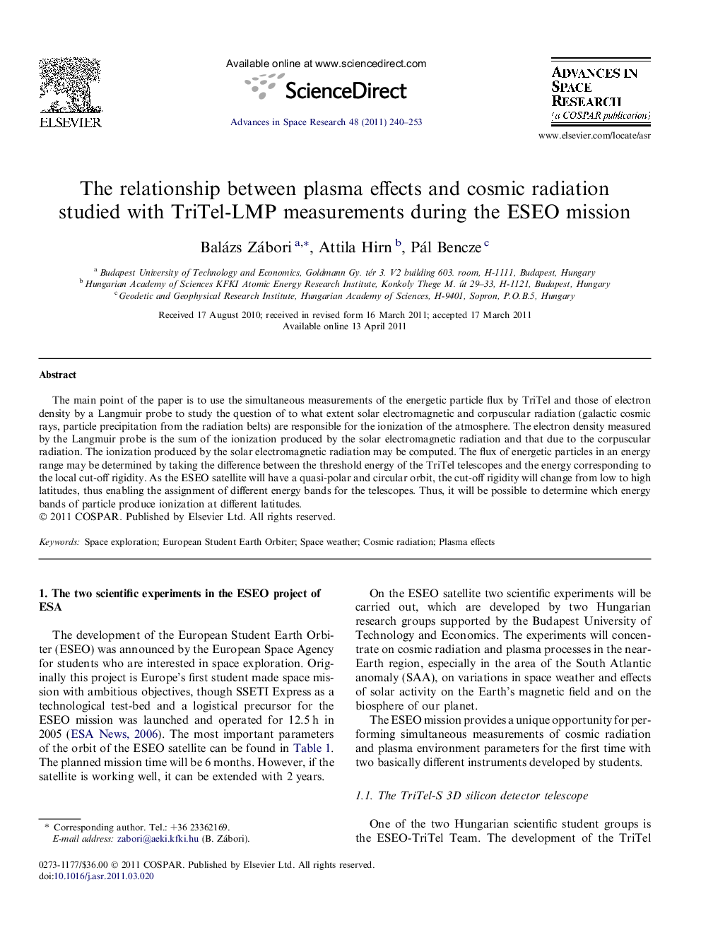 The relationship between plasma effects and cosmic radiation studied with TriTel-LMP measurements during the ESEO mission