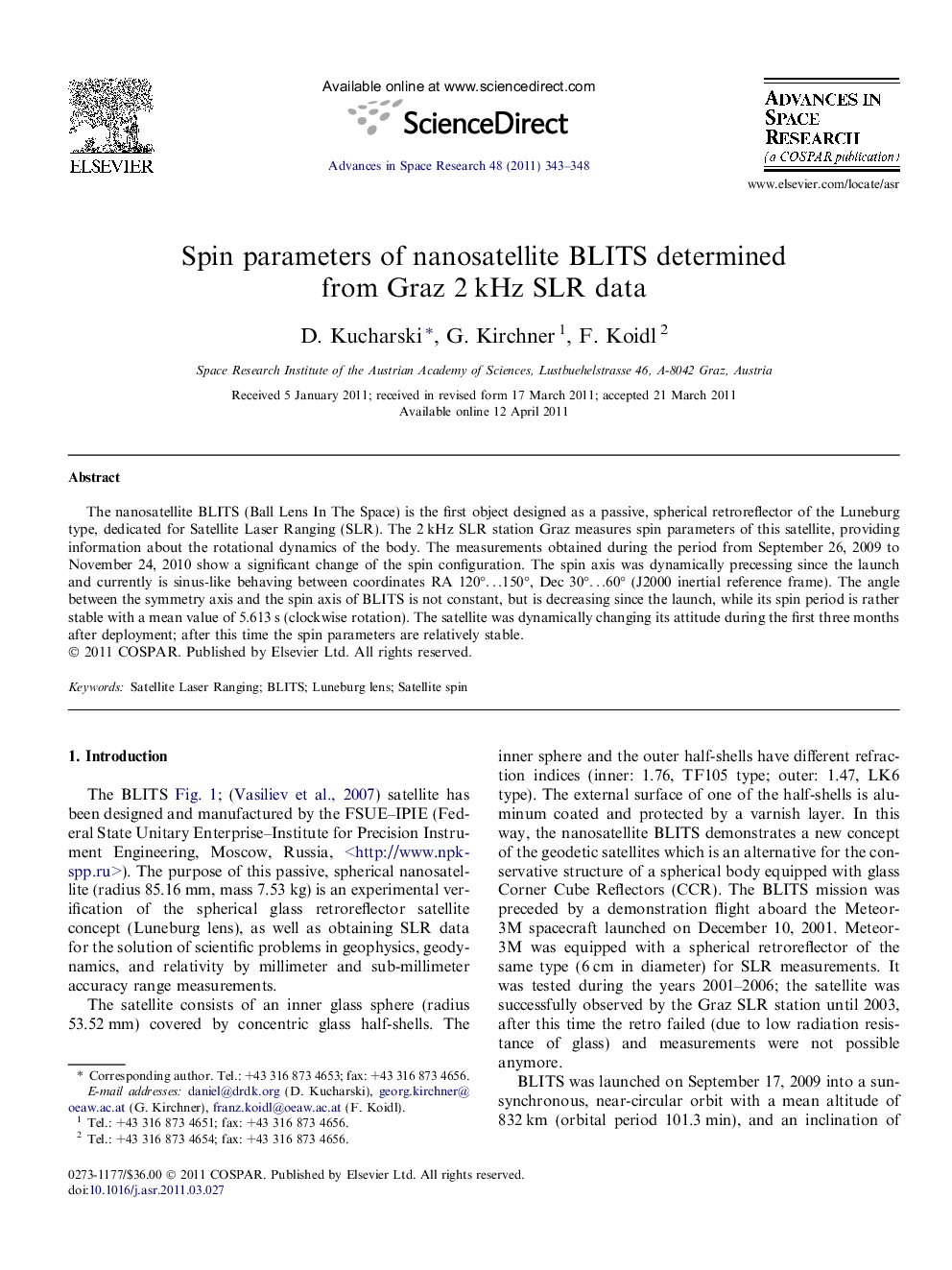 Spin parameters of nanosatellite BLITS determined from Graz 2 kHz SLR data