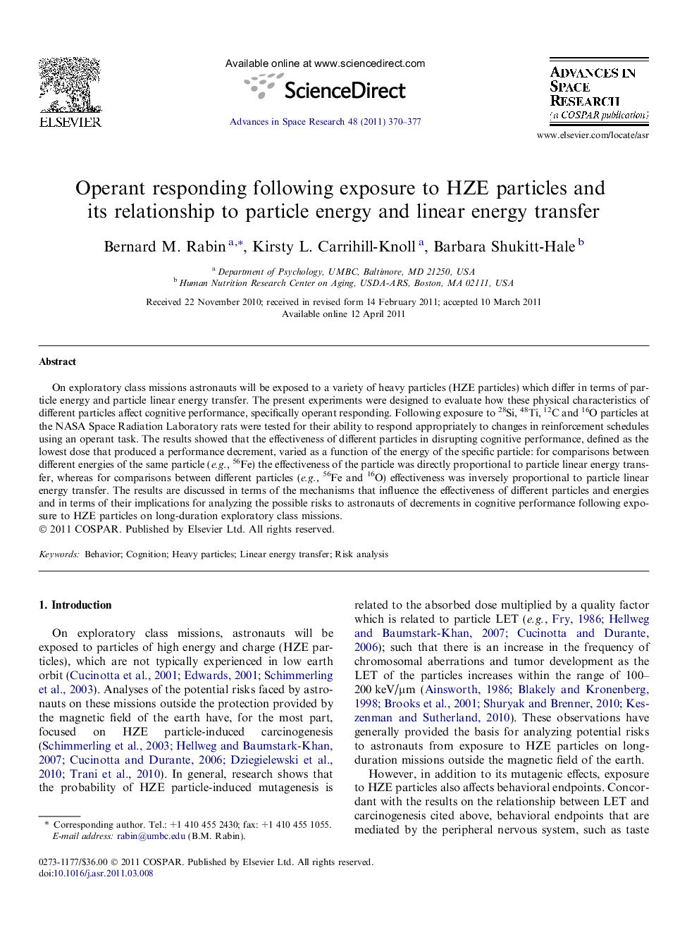 Operant responding following exposure to HZE particles and its relationship to particle energy and linear energy transfer