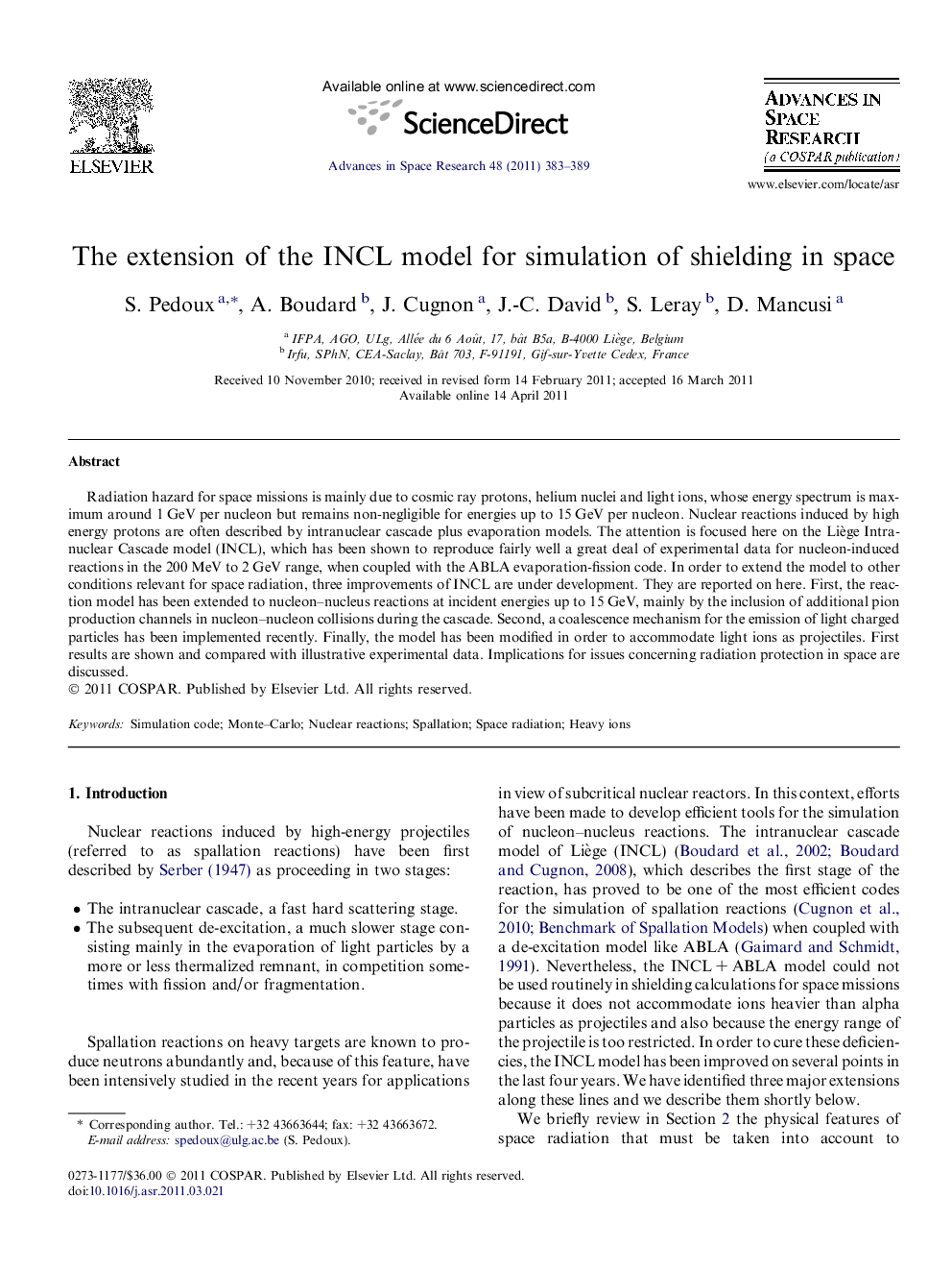 The extension of the INCL model for simulation of shielding in space