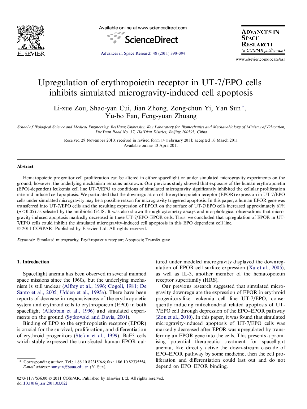 Upregulation of erythropoietin receptor in UT-7/EPO cells inhibits simulated microgravity-induced cell apoptosis