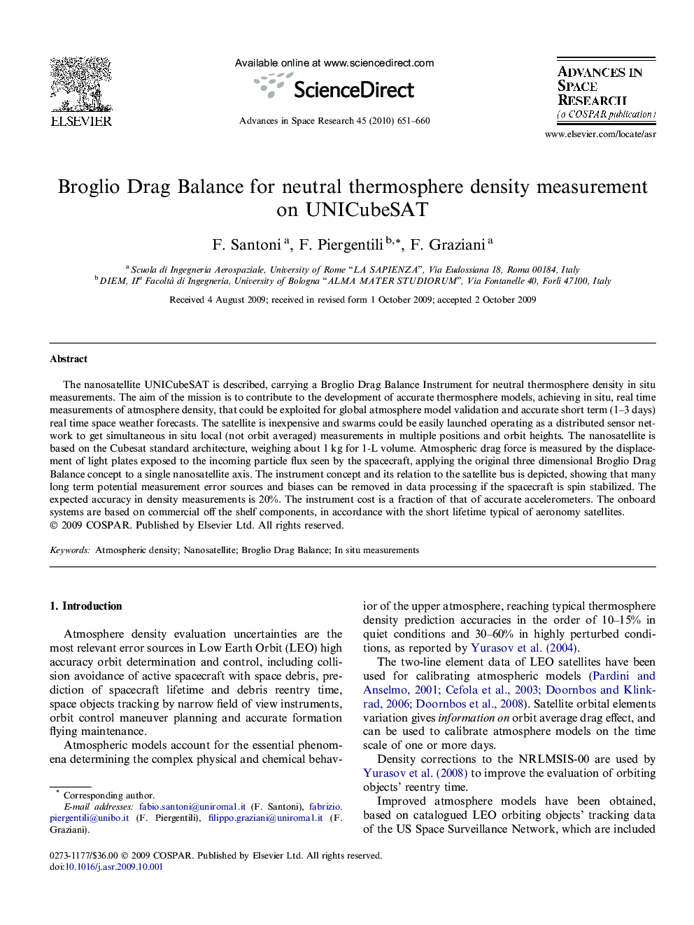 Broglio Drag Balance for neutral thermosphere density measurement on UNICubeSAT