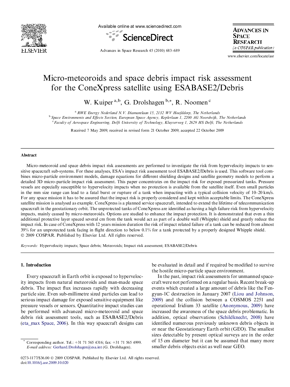 Micro-meteoroids and space debris impact risk assessment for the ConeXpress satellite using ESABASE2/Debris