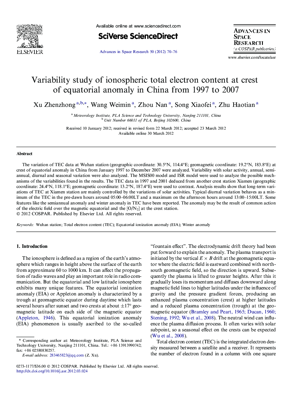 Variability study of ionospheric total electron content at crest of equatorial anomaly in China from 1997 to 2007