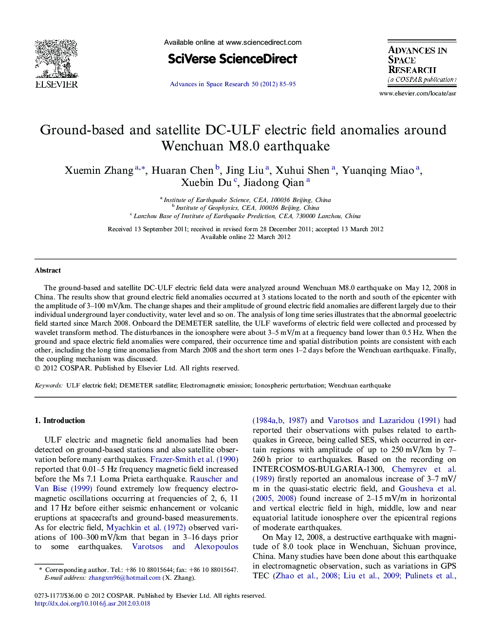Ground-based and satellite DC-ULF electric field anomalies around Wenchuan M8.0 earthquake