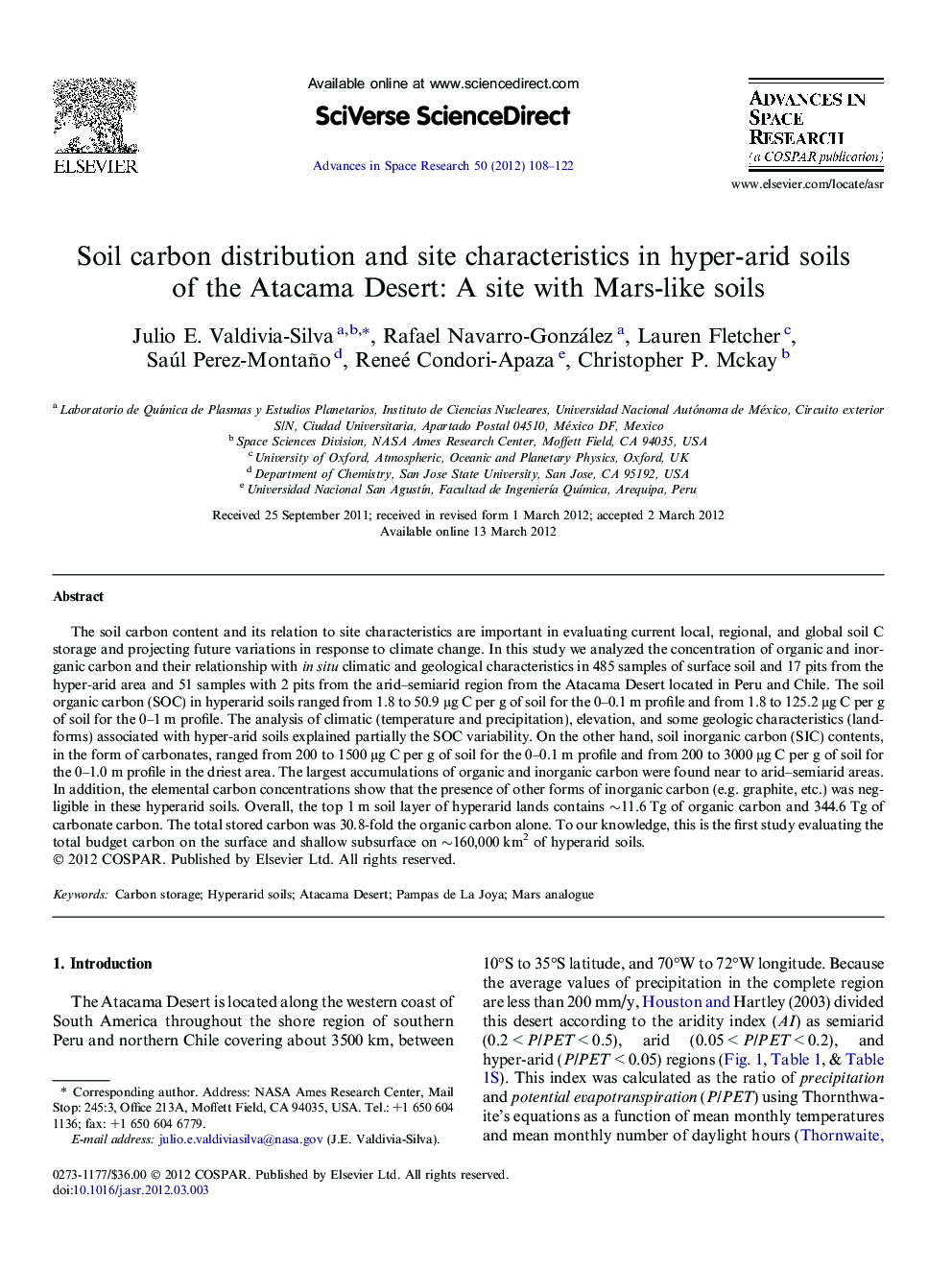 Soil carbon distribution and site characteristics in hyper-arid soils of the Atacama Desert: A site with Mars-like soils