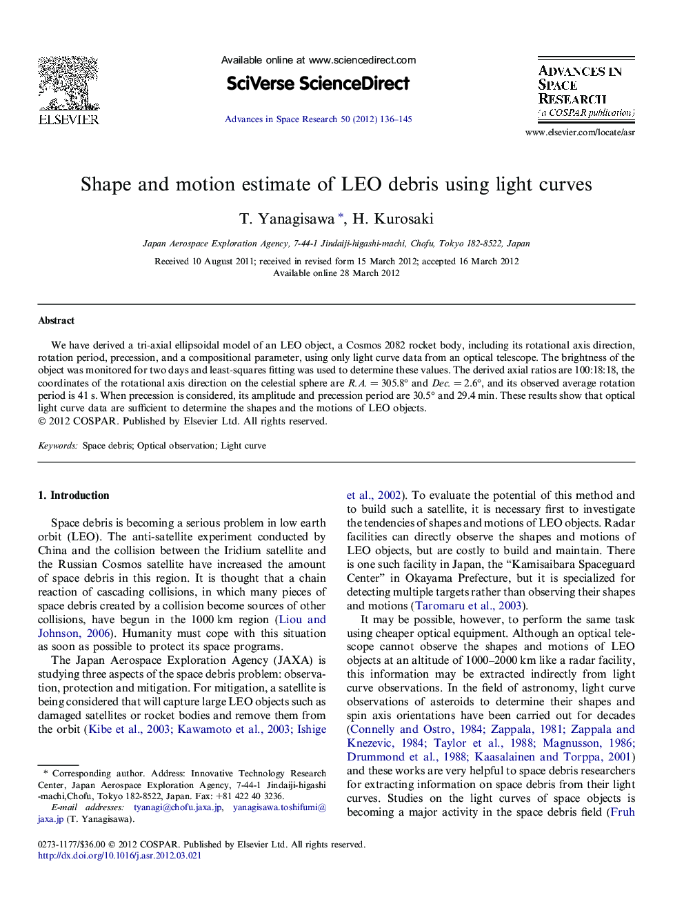 Shape and motion estimate of LEO debris using light curves