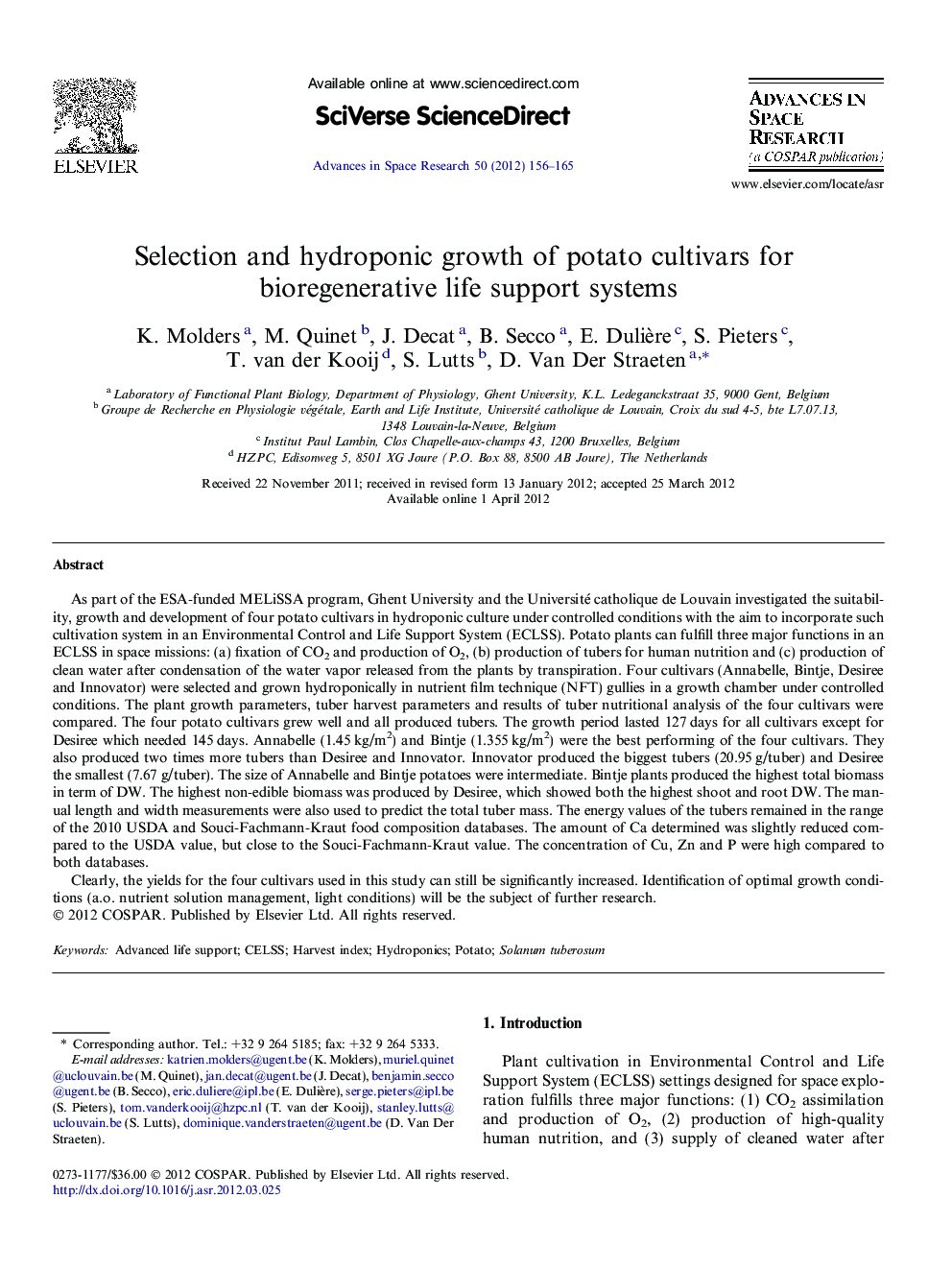 Selection and hydroponic growth of potato cultivars for bioregenerative life support systems