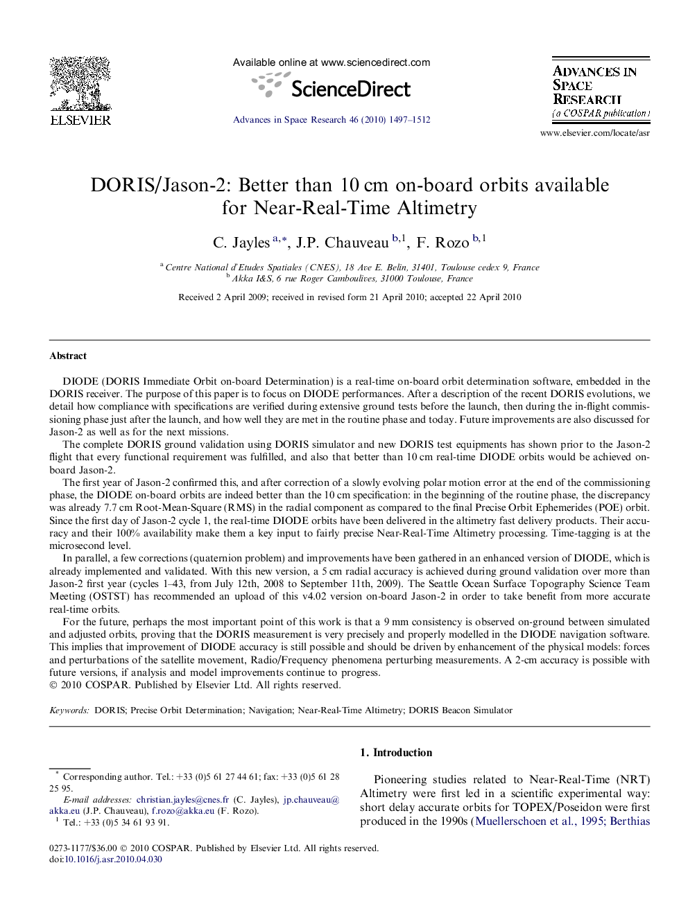 DORIS/Jason-2: Better than 10Â cm on-board orbits available for Near-Real-Time Altimetry