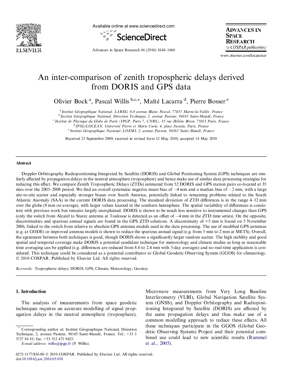 An inter-comparison of zenith tropospheric delays derived from DORIS and GPS data