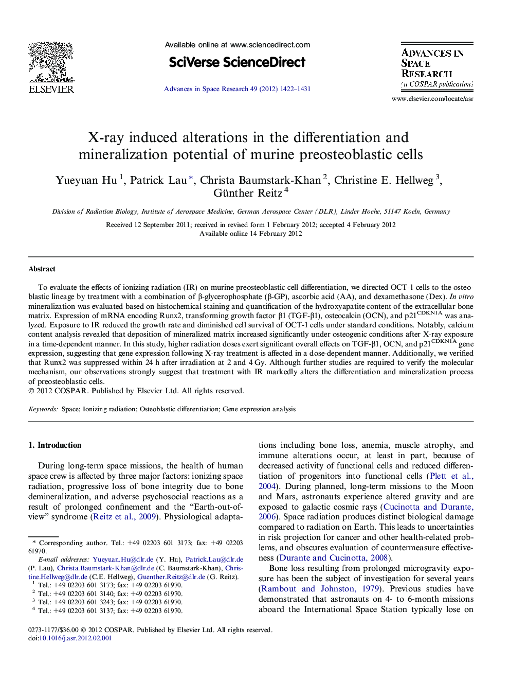 X-ray induced alterations in the differentiation and mineralization potential of murine preosteoblastic cells