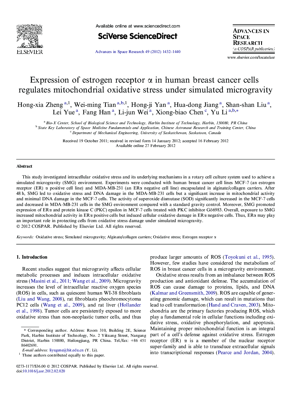 Expression of estrogen receptor Î± in human breast cancer cells regulates mitochondrial oxidative stress under simulated microgravity