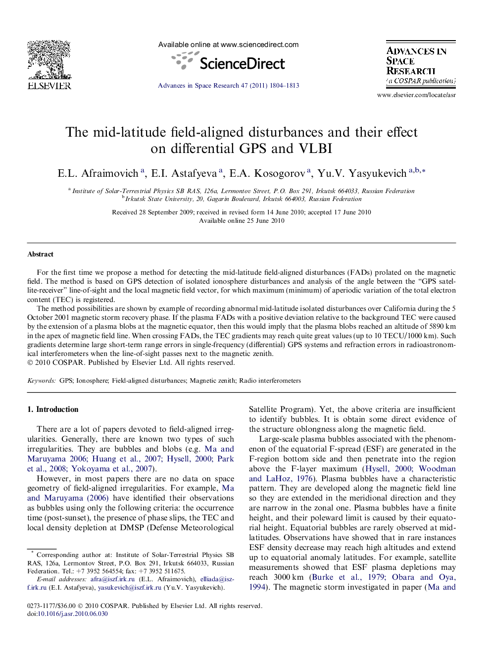 The mid-latitude field-aligned disturbances and their effect on differential GPS and VLBI