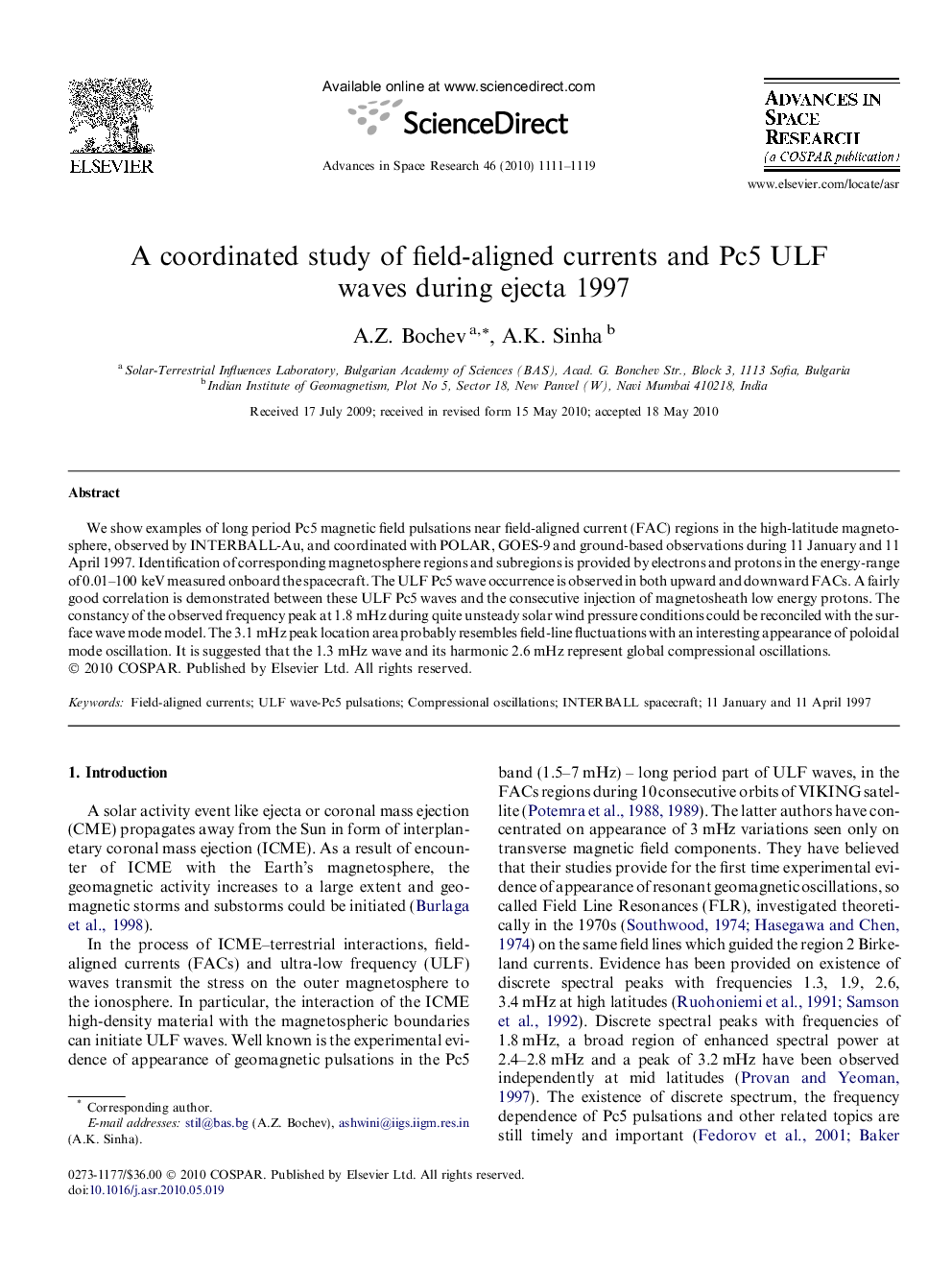 A coordinated study of field-aligned currents and Pc5 ULF waves during ejecta 1997