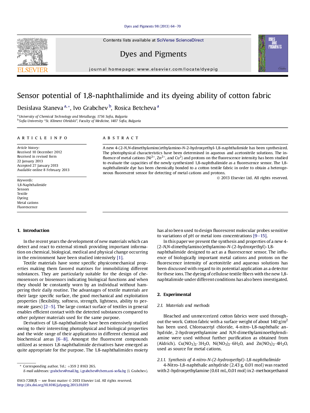 Sensor potential of 1,8-naphthalimide and its dyeing ability of cotton fabric