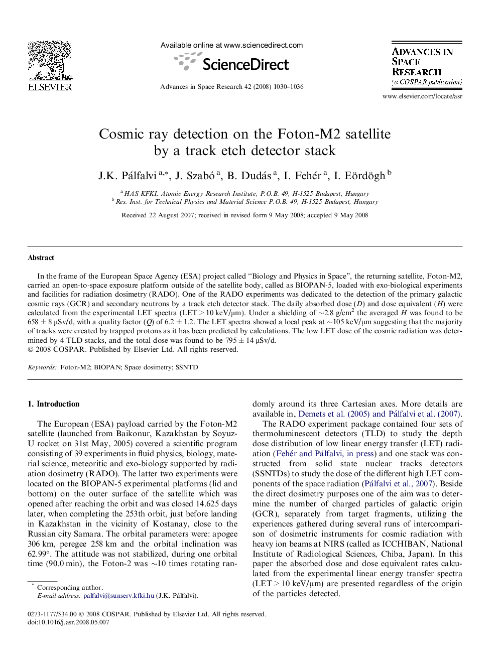 Cosmic ray detection on the Foton-M2 satellite by a track etch detector stack