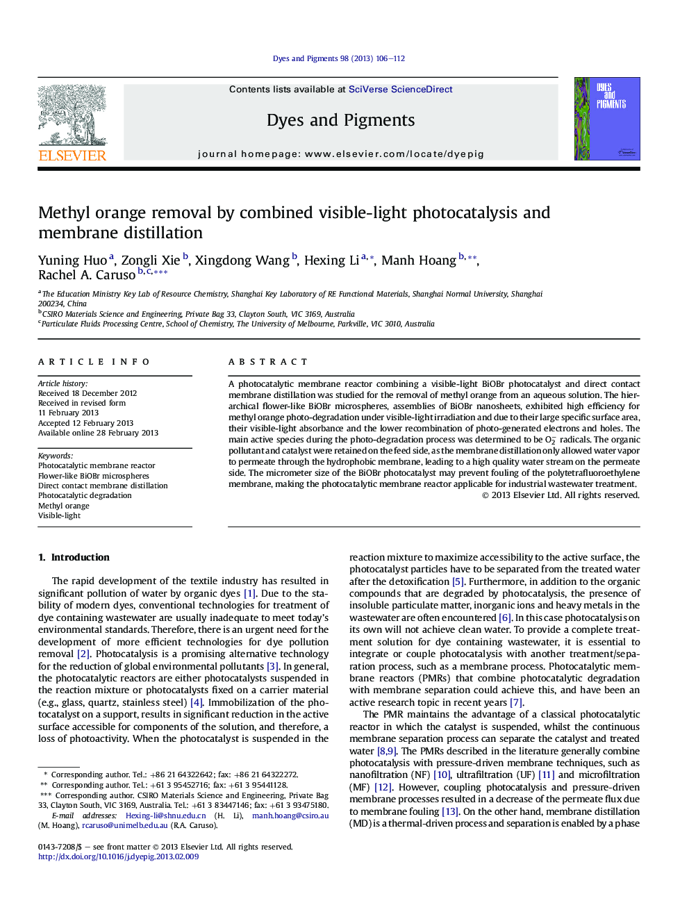 Methyl orange removal by combined visible-light photocatalysis and membrane distillation