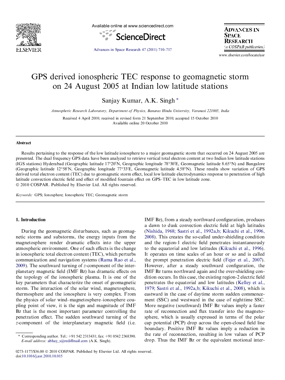 GPS derived ionospheric TEC response to geomagnetic storm on 24 August 2005 at Indian low latitude stations