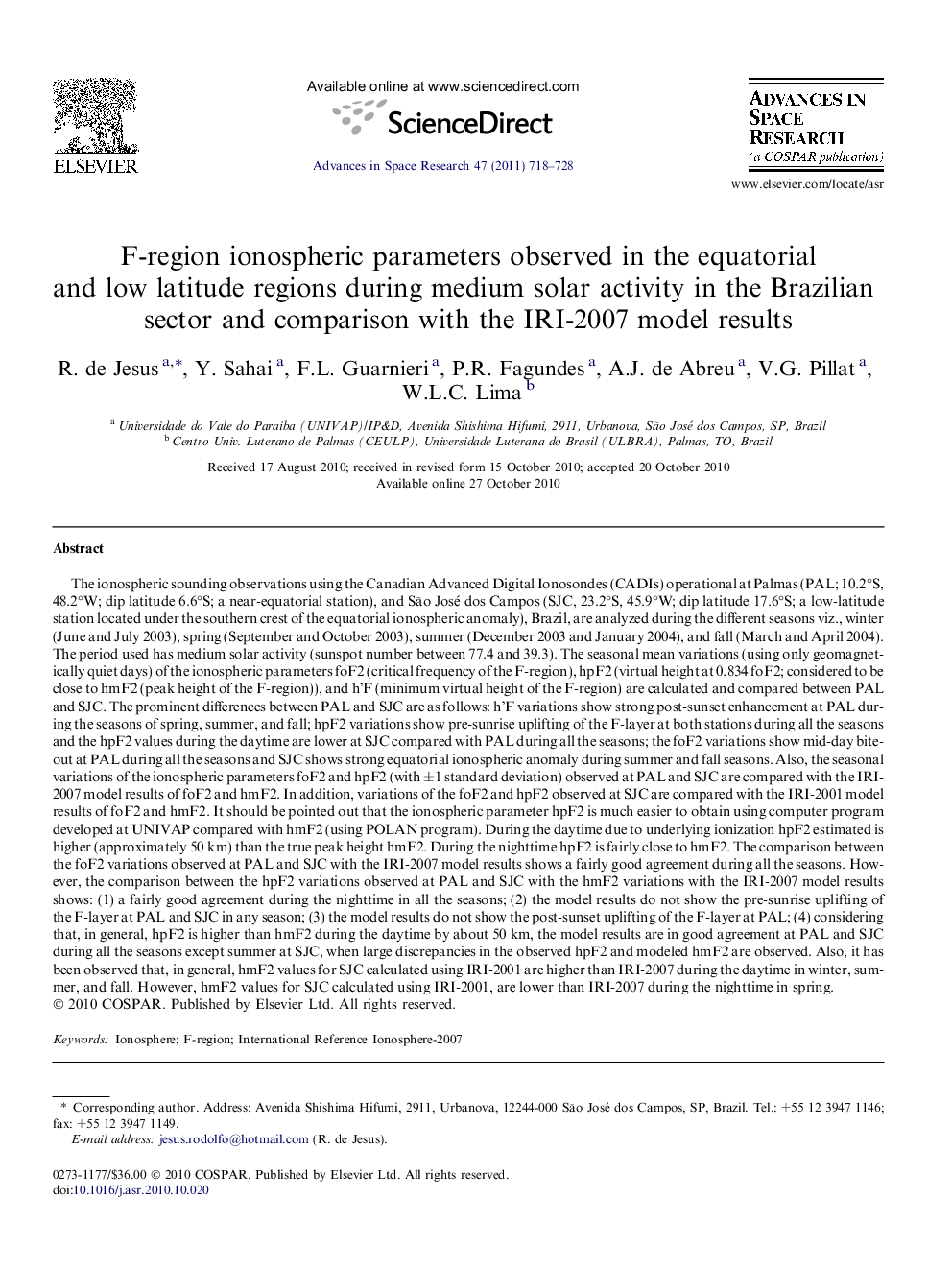 F-region ionospheric parameters observed in the equatorial and low latitude regions during medium solar activity in the Brazilian sector and comparison with the IRI-2007 model results