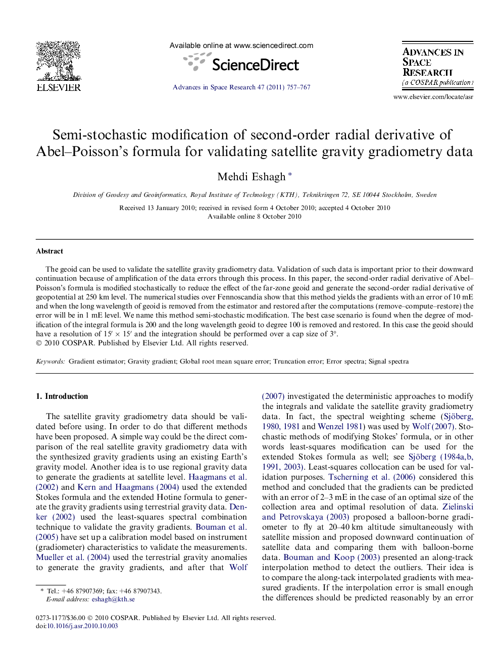 Semi-stochastic modification of second-order radial derivative of Abel–Poisson’s formula for validating satellite gravity gradiometry data