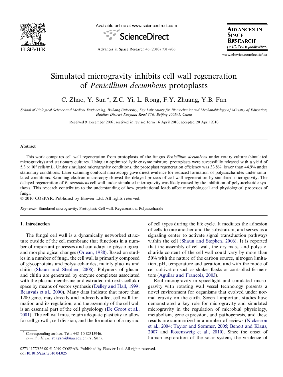 Simulated microgravity inhibits cell wall regeneration of Penicillium decumbens protoplasts