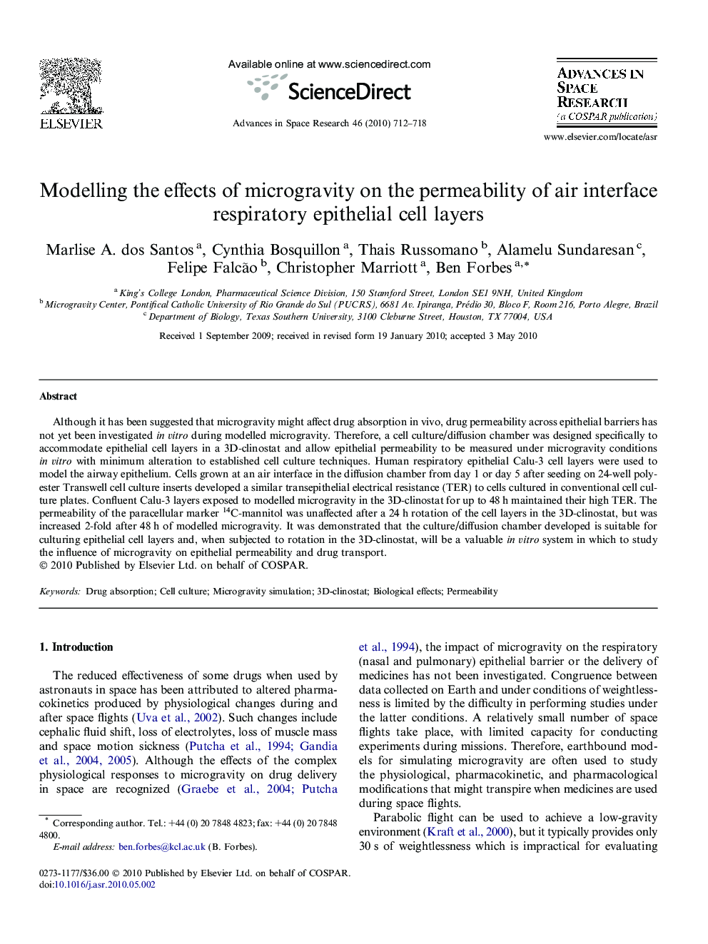 Modelling the effects of microgravity on the permeability of air interface respiratory epithelial cell layers