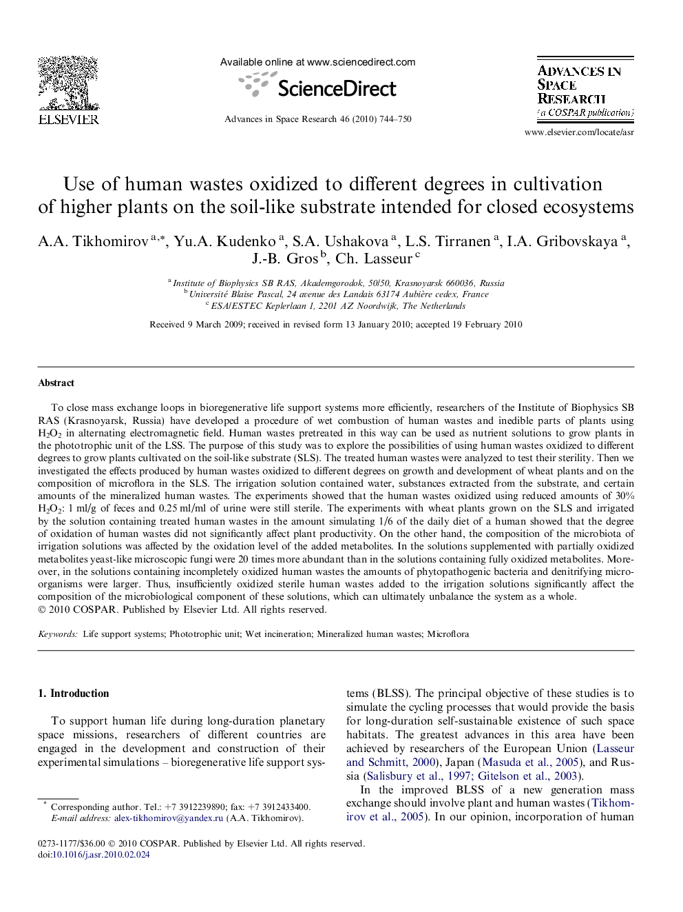 Use of human wastes oxidized to different degrees in cultivation of higher plants on the soil-like substrate intended for closed ecosystems