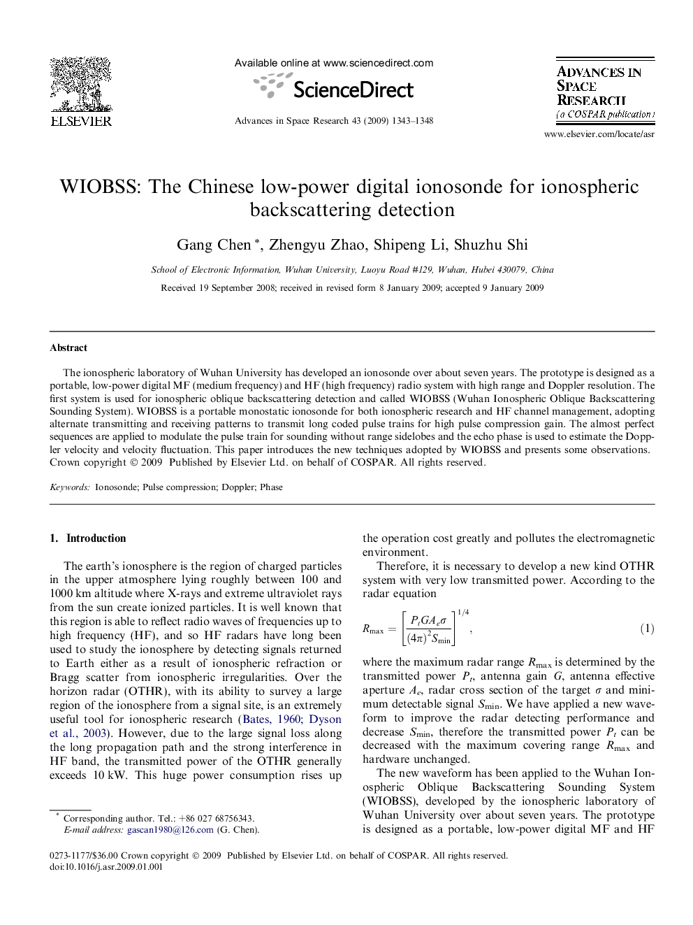 WIOBSS: The Chinese low-power digital ionosonde for ionospheric backscattering detection