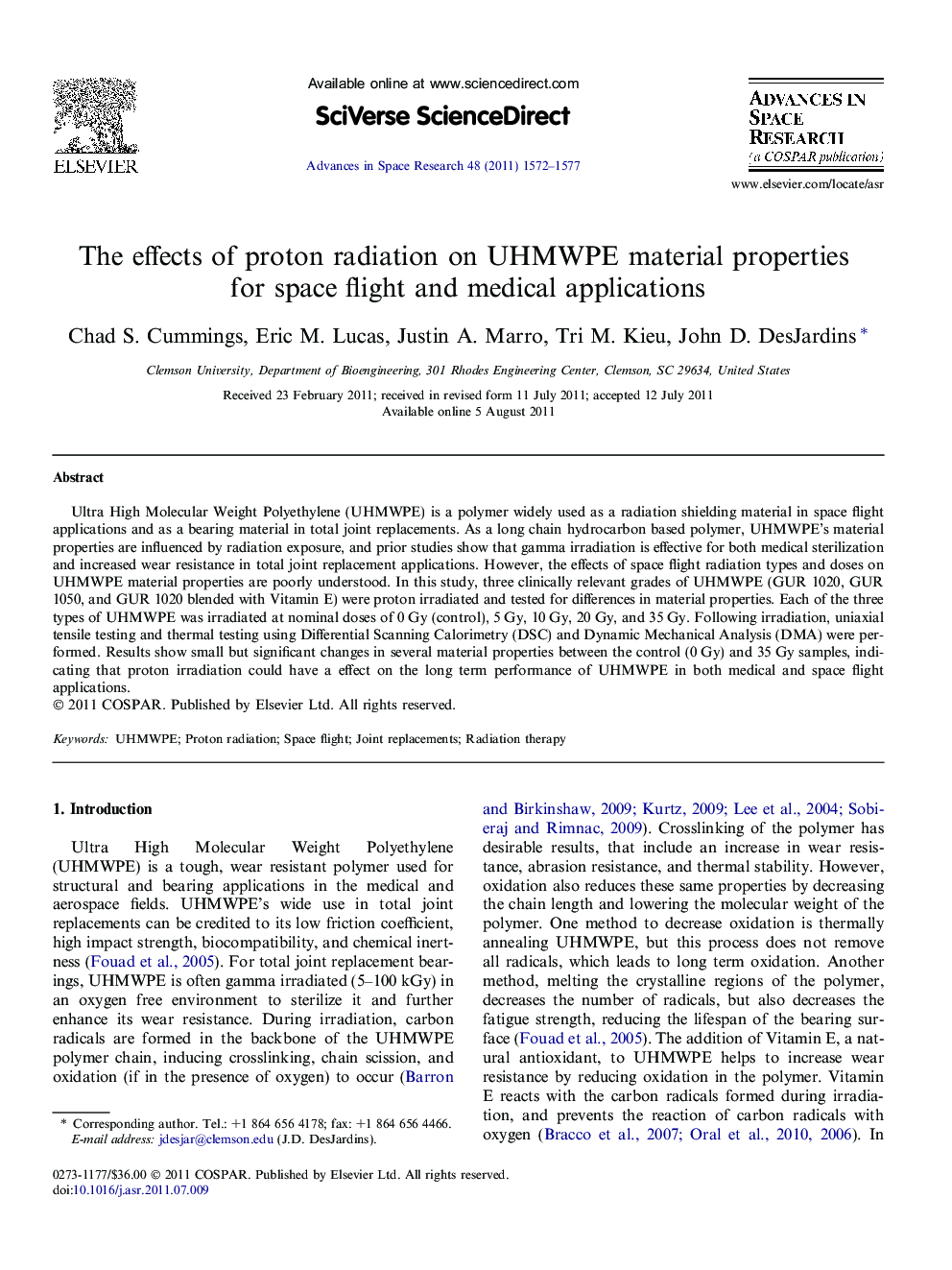 The effects of proton radiation on UHMWPE material properties for space flight and medical applications