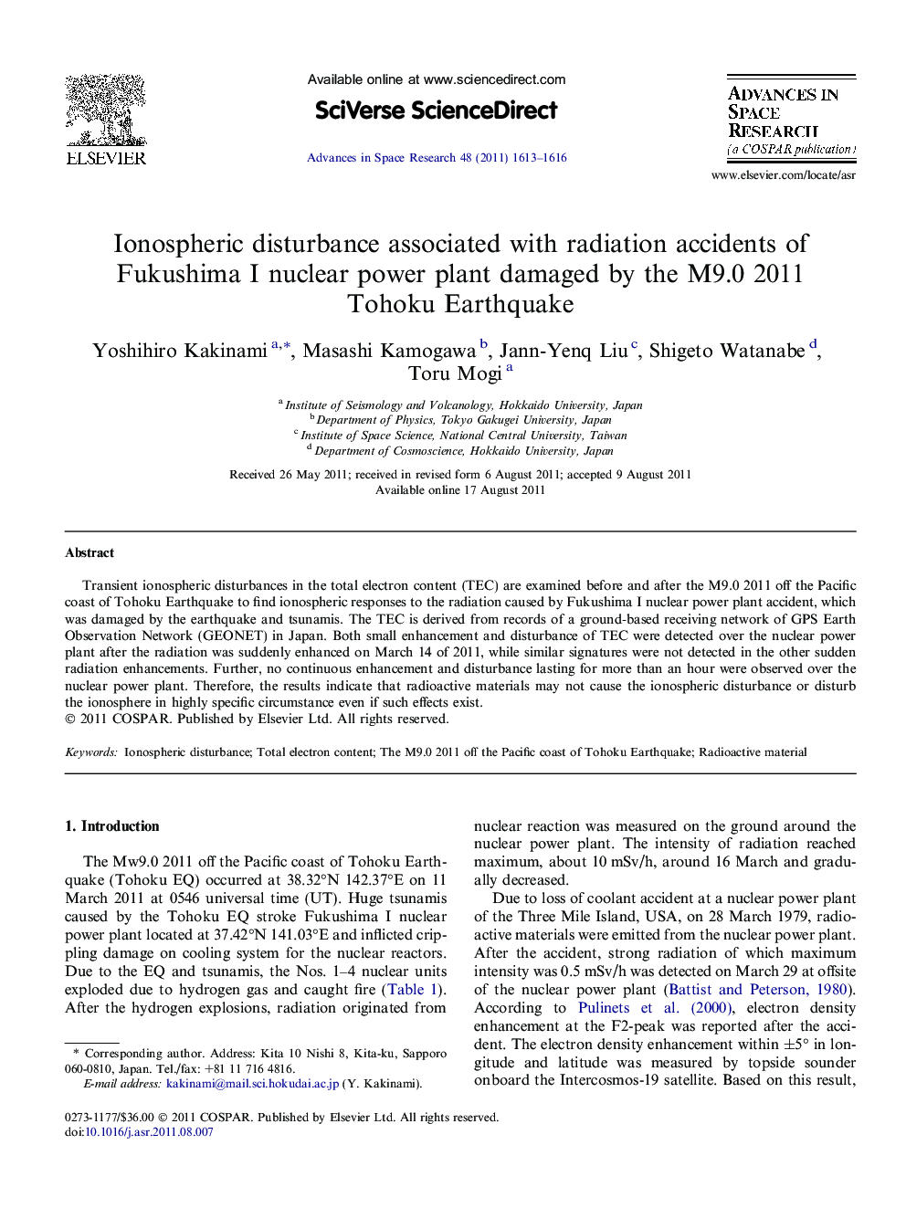 Ionospheric disturbance associated with radiation accidents of Fukushima I nuclear power plant damaged by the M9.0 2011 Tohoku Earthquake