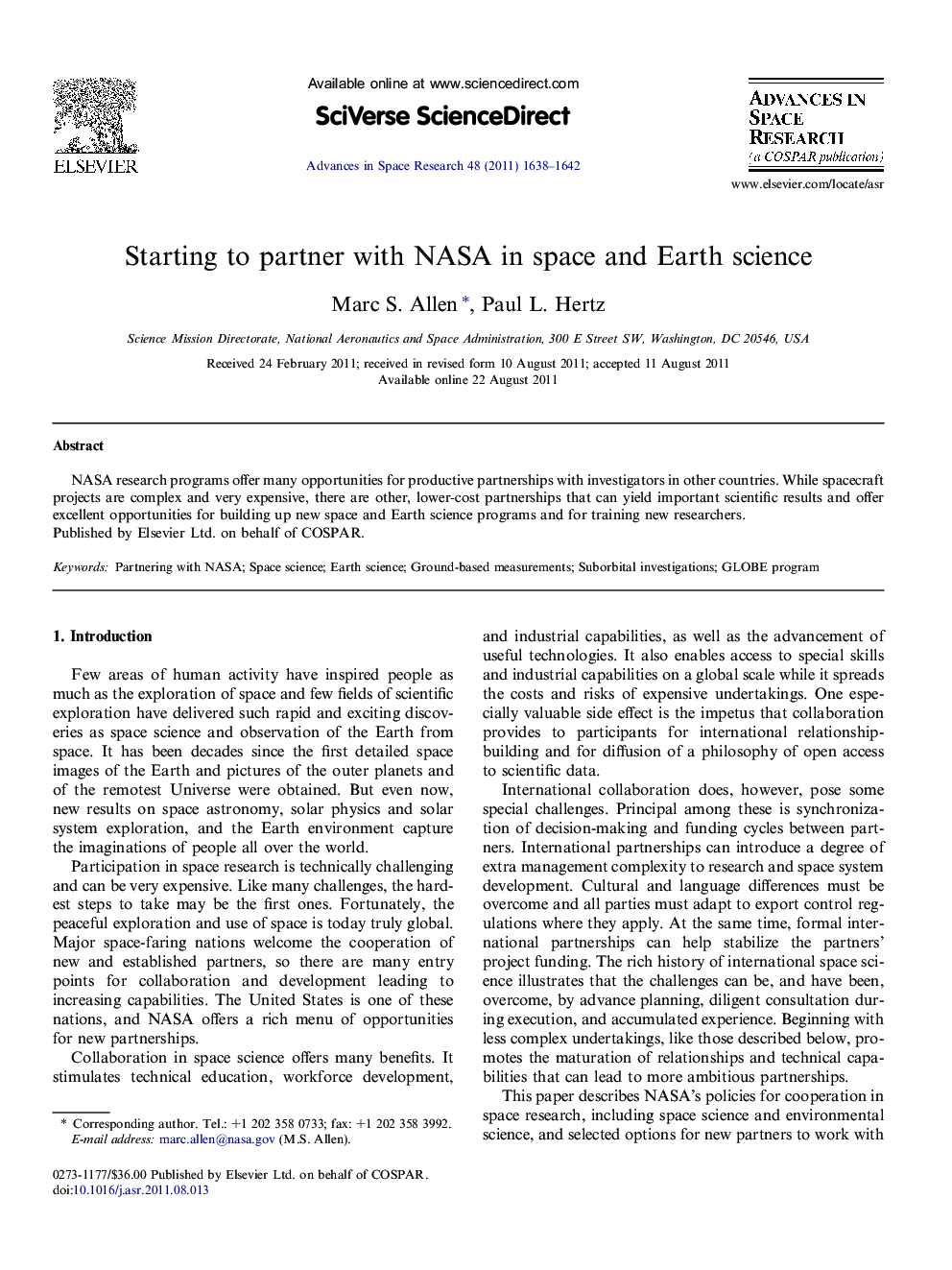 Starting to partner with NASA in space and Earth science