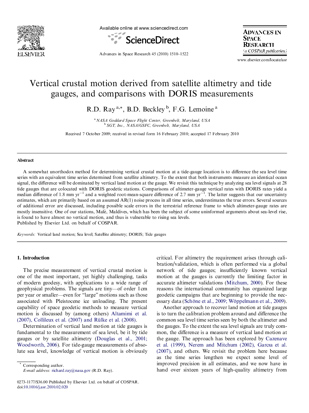 Vertical crustal motion derived from satellite altimetry and tide gauges, and comparisons with DORIS measurements