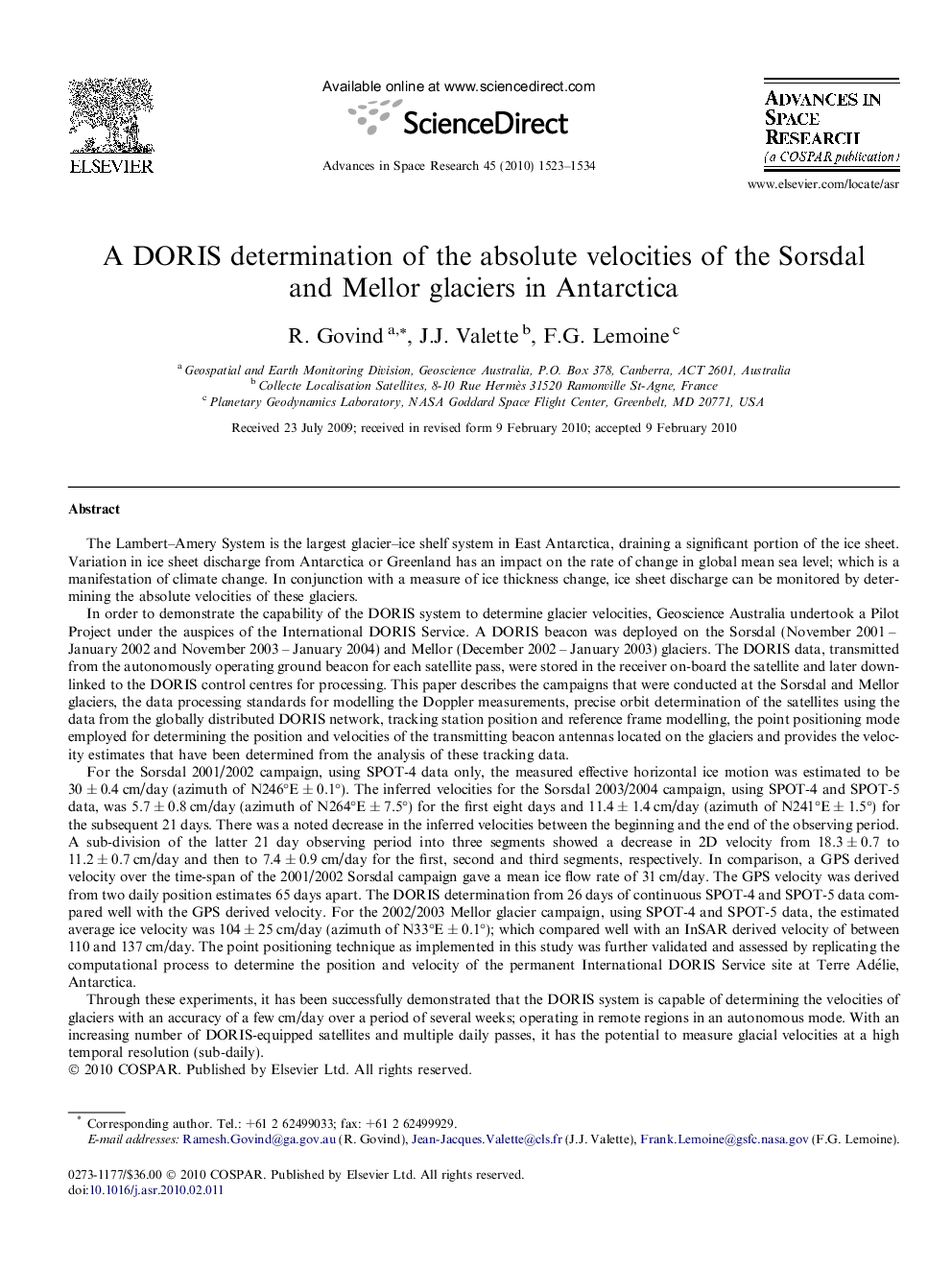 A DORIS determination of the absolute velocities of the Sorsdal and Mellor glaciers in Antarctica