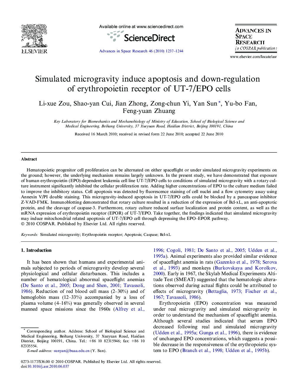 Simulated microgravity induce apoptosis and down-regulation of erythropoietin receptor of UT-7/EPO cells