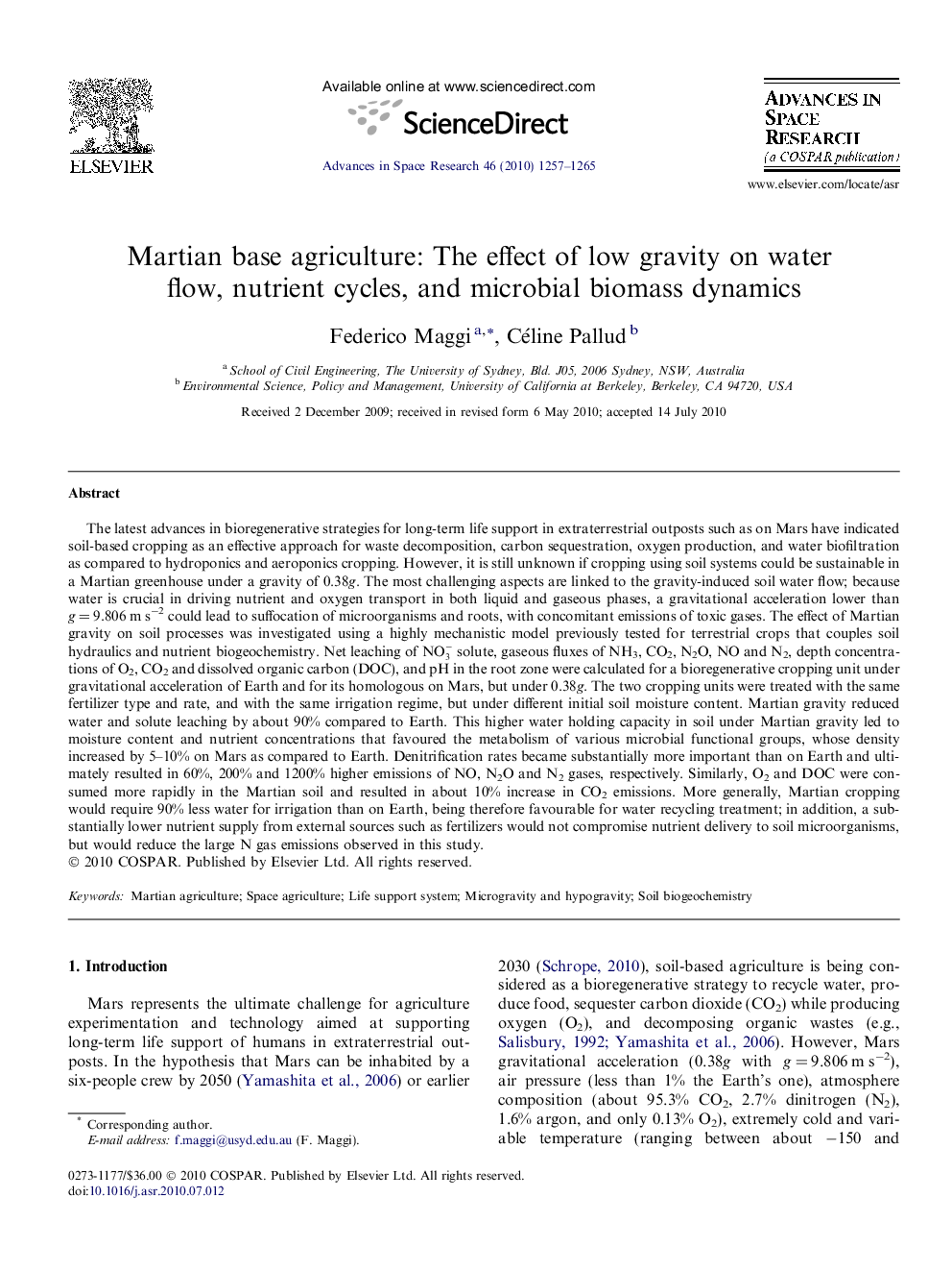 Martian base agriculture: The effect of low gravity on water flow, nutrient cycles, and microbial biomass dynamics