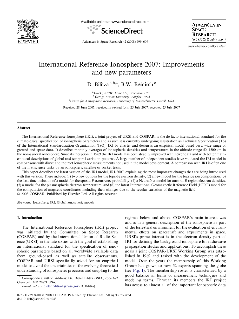 International Reference Ionosphere 2007: Improvements and new parameters