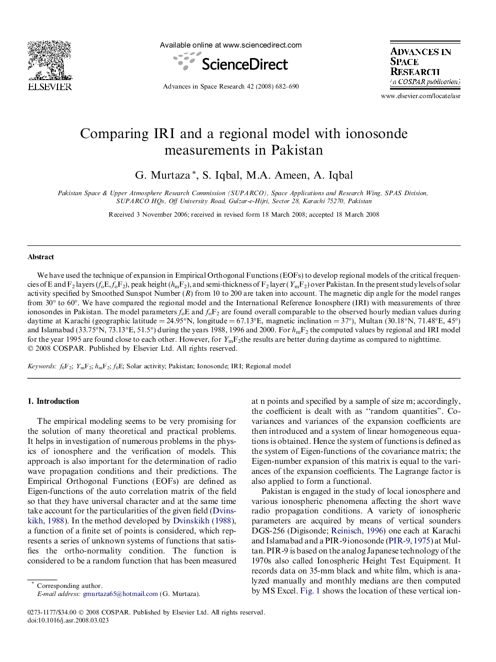 Comparing IRI and a regional model with ionosonde measurements in Pakistan