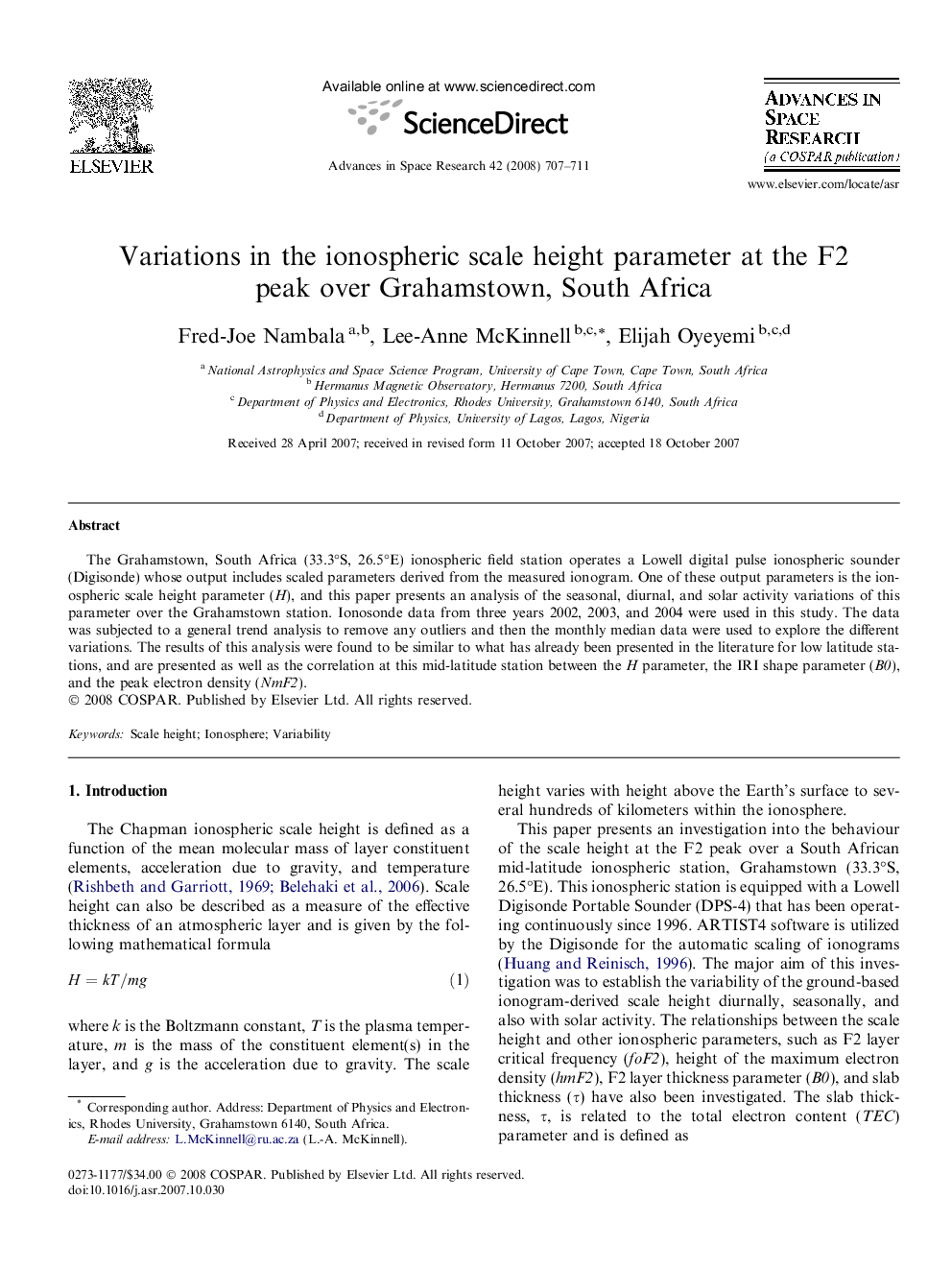 Variations in the ionospheric scale height parameter at the F2 peak over Grahamstown, South Africa