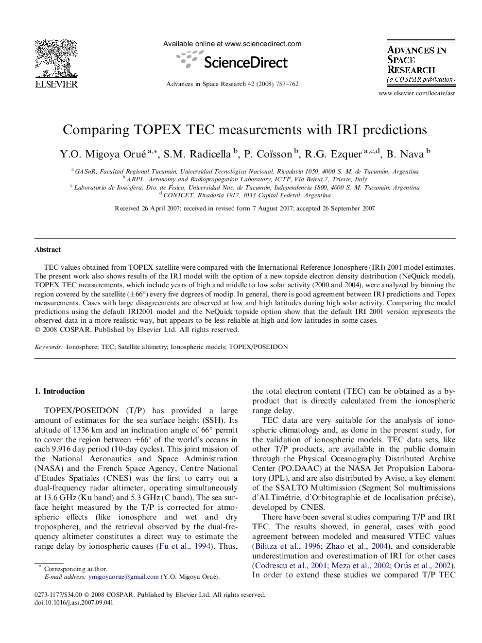 Comparing TOPEX TEC measurements with IRI predictions