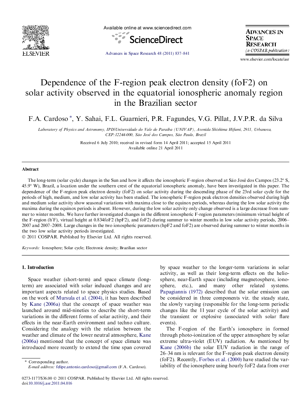 Dependence of the F-region peak electron density (foF2) on solar activity observed in the equatorial ionospheric anomaly region in the Brazilian sector