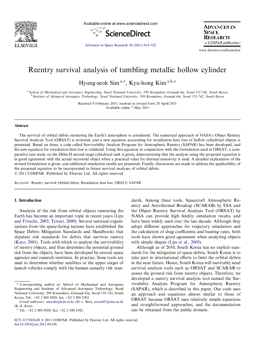 Reentry survival analysis of tumbling metallic hollow cylinder