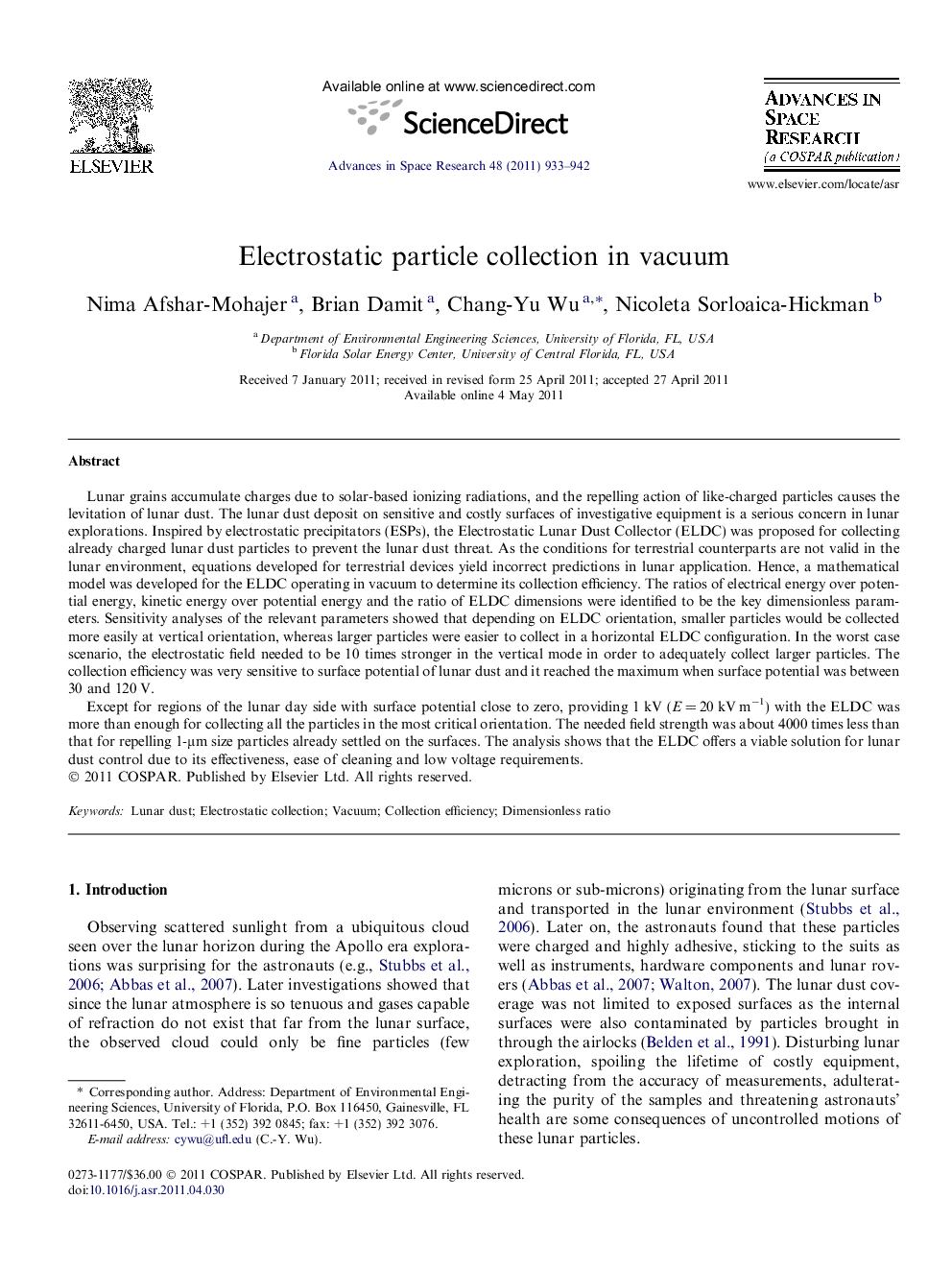 Electrostatic particle collection in vacuum