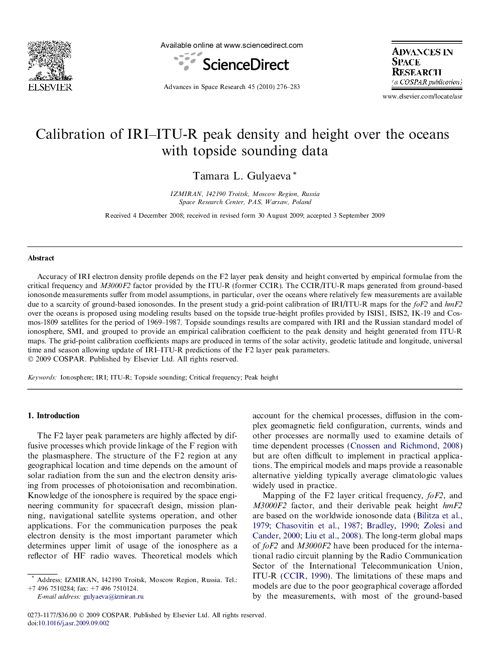 Calibration of IRI–ITU-R peak density and height over the oceans with topside sounding data